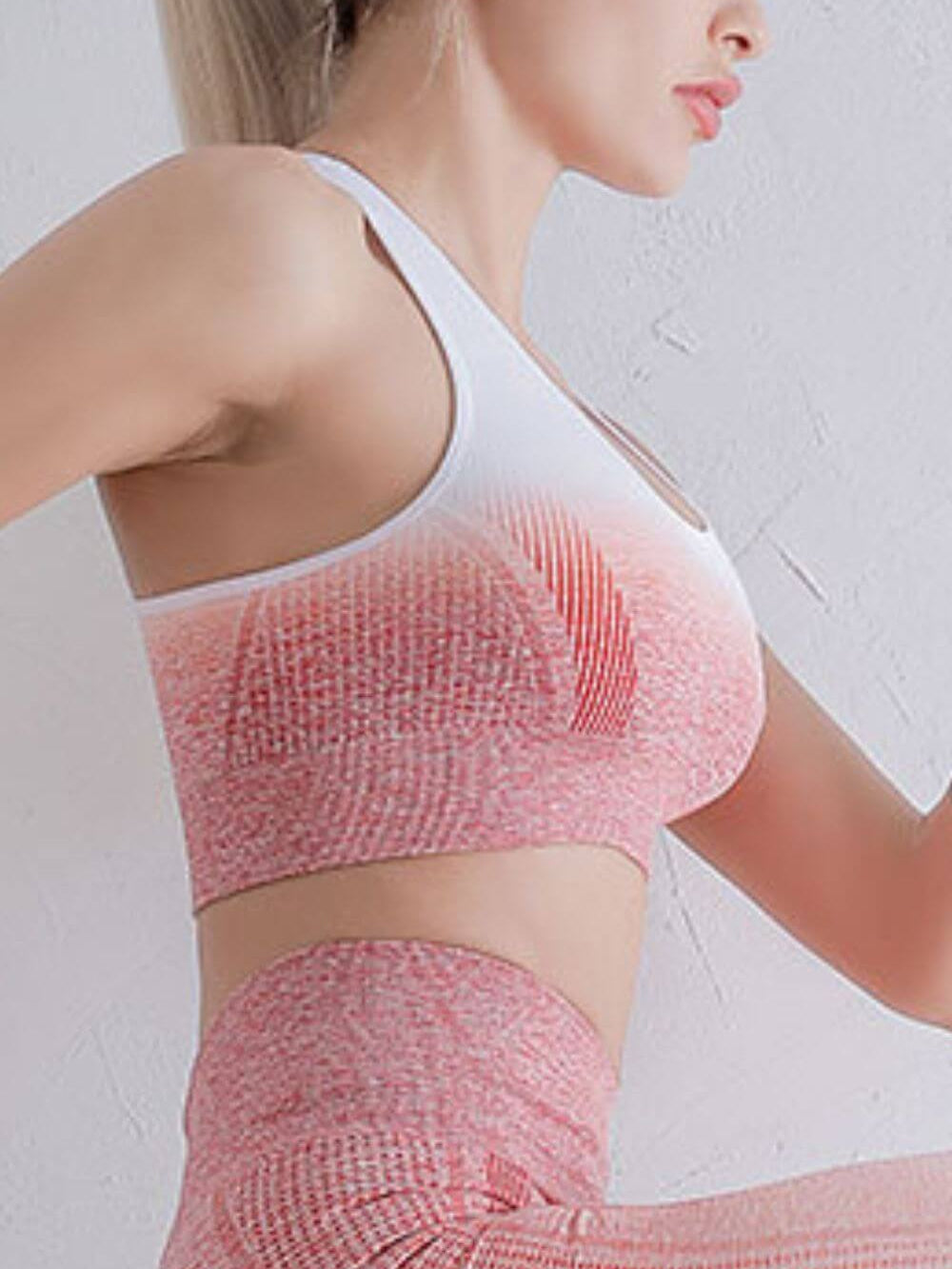 Gradient Racerback Sports Bra in gradient gray and black, designed for high-performance workouts. Side Pink