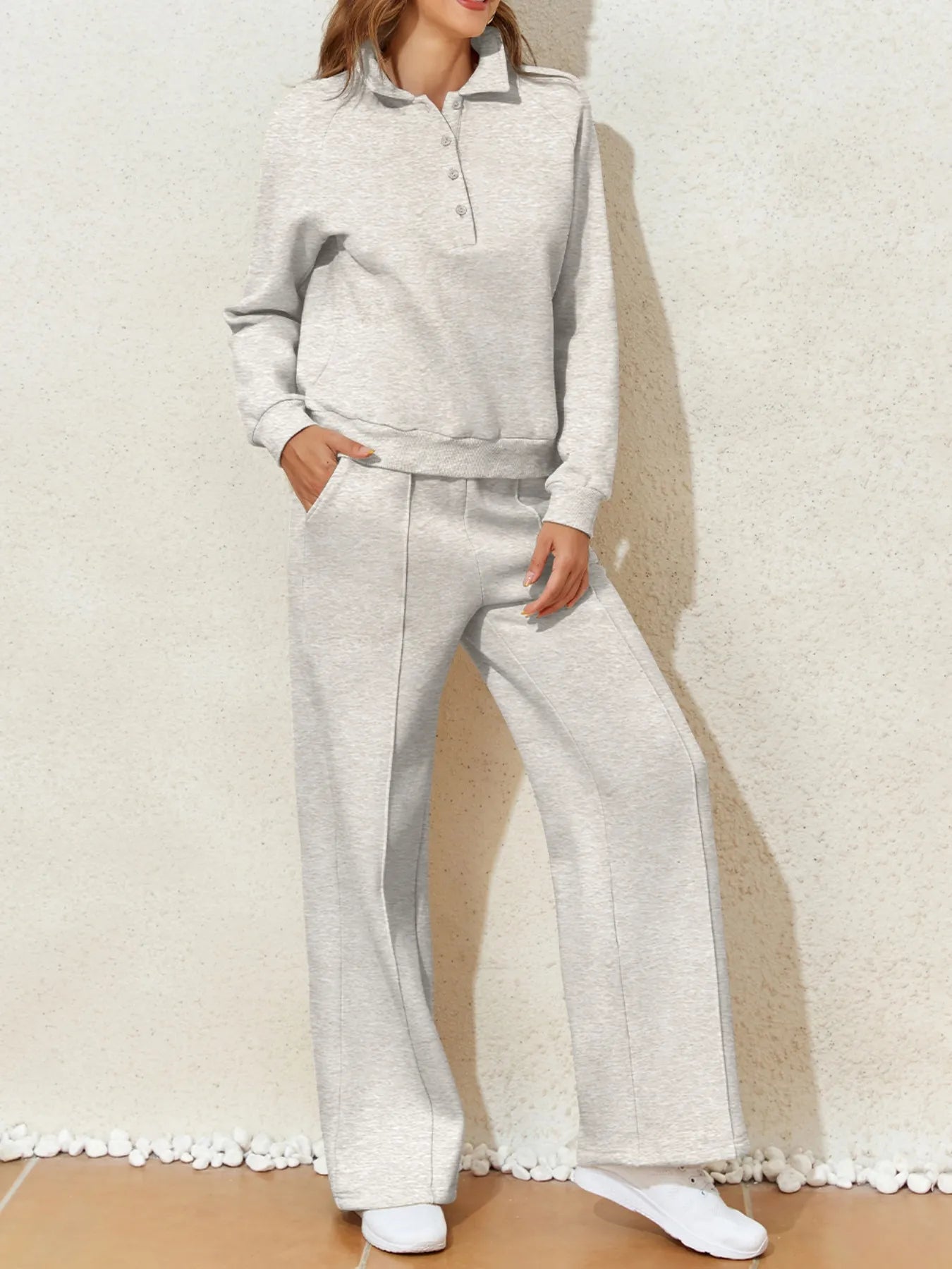Collared Sweatshirt and High Waist Pants Active Set in light gray, featuring a collared design and wide-leg pants.
