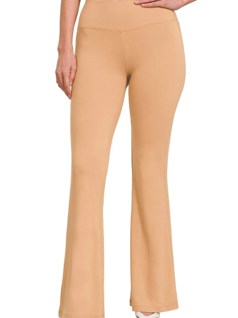 Zenana Buttery Soft Flare Leg High Waist Yoga Pants in a beige color, back view showcasing a flattering flare leg design.