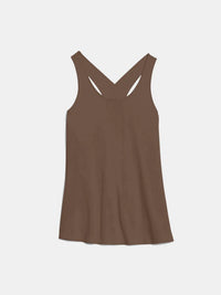 Crisscross Scoop Neck Active Tank in brown color with distinctive crisscross design and scoop neck silhouette.