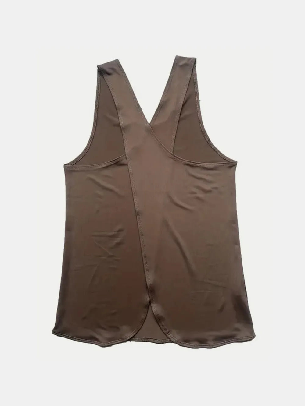 Crisscross Scoop Neck Active Tank in brown, showcasing the unique crisscross design and flattering scoop neck silhouette.