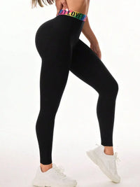 Letter Printed High Waist Active Leggings-2