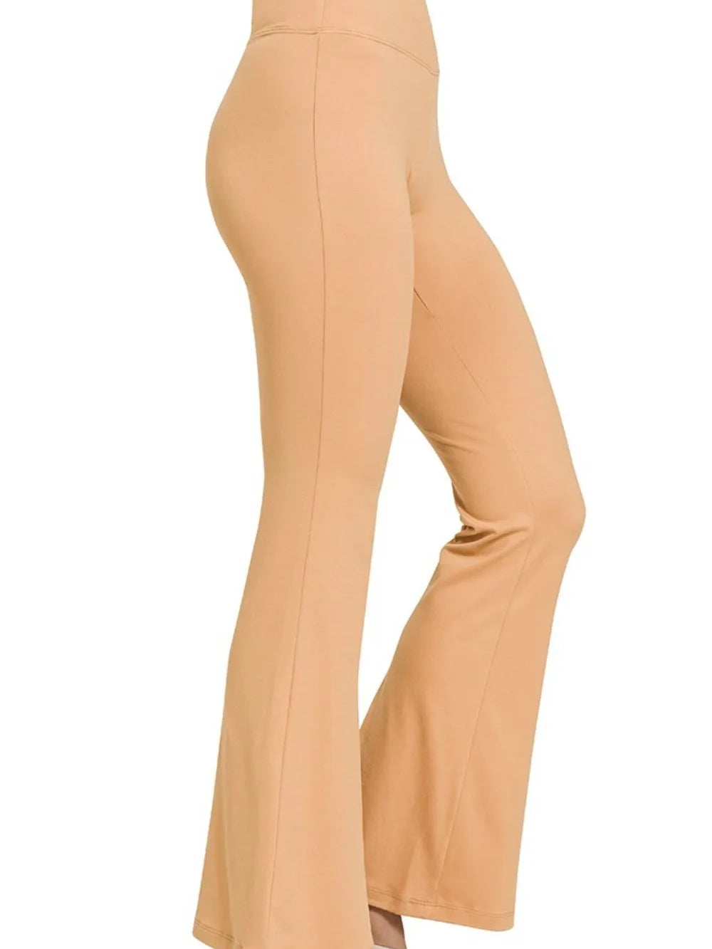 Zenana Buttery Soft Flare Leg High Waist Yoga Pants in soft tan color, showcasing a high waist and flare leg design.