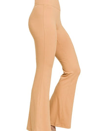 Zenana Buttery Soft Flare Leg High Waist Yoga Pants in soft tan color, showcasing a high waist and flare leg design.