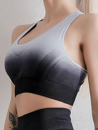 Gradient Racerback Sports Bra in gradient gray and black, designed for high-performance workouts. Side