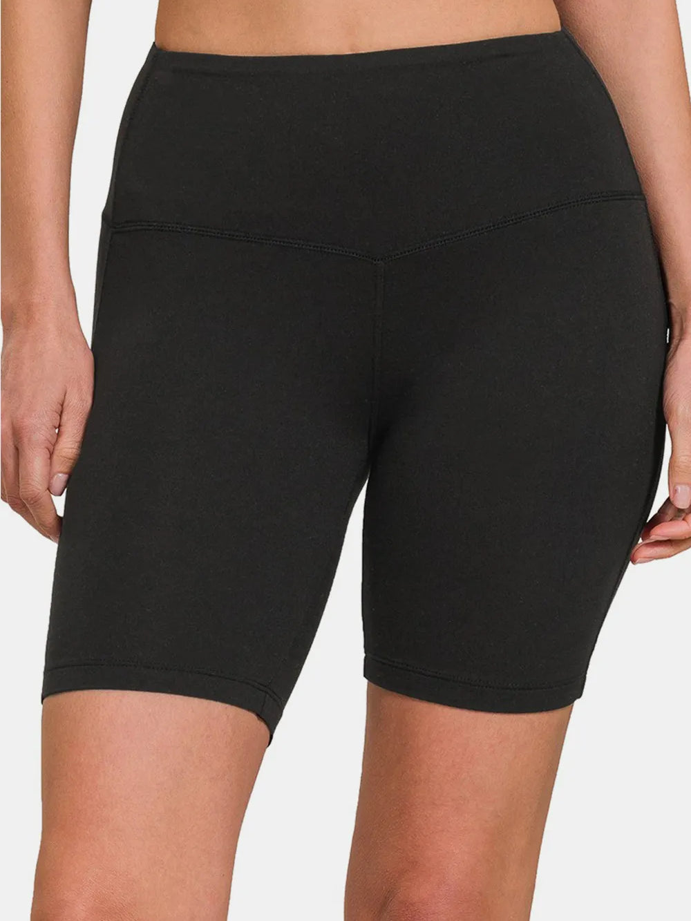 Zenana High Waist Active Shorts displayed in black, featuring a high waistband for support and comfort during workouts.