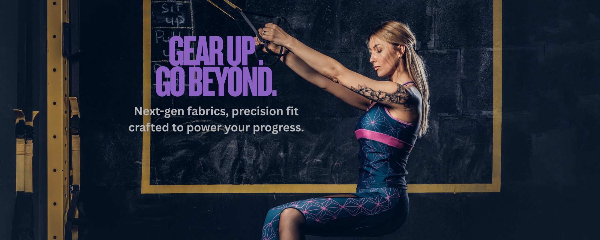 Woman in athletic wear with promotional text on a dark background